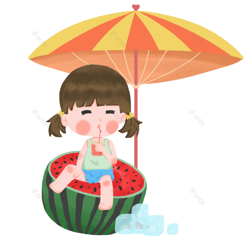 西瓜图片,夏天元素,冰块PNG,女孩免抠素材